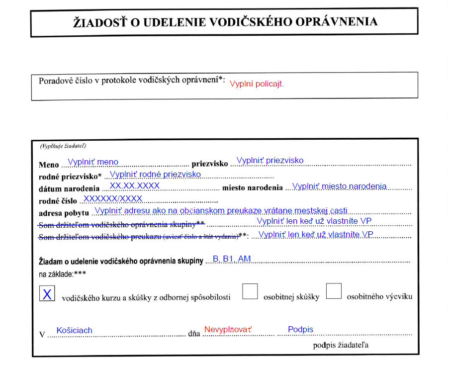 Vzor vyplnenej žiadosti o udelenie vodičského oprávnenia 1