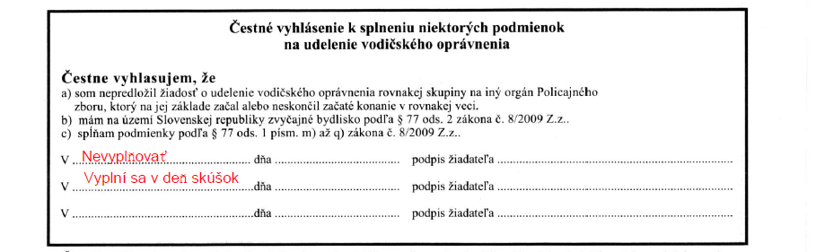 Vzor vyplnenej žiadosti o udelenie vodičského oprávnenia 5